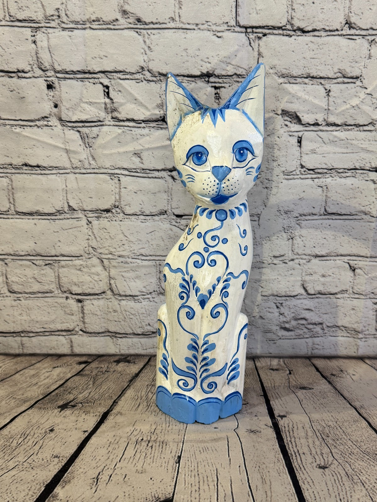 40cm Blue White Flower Wooden Shabby Cat Statue Ornament Fair Trade Handcarved0