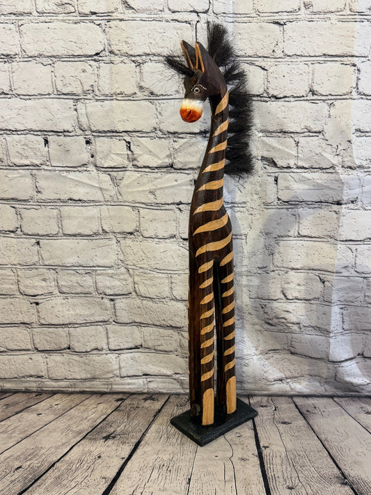 60cm Painted Wooden Horse Standing Single Carved Solid Wood Zebra Handmade0