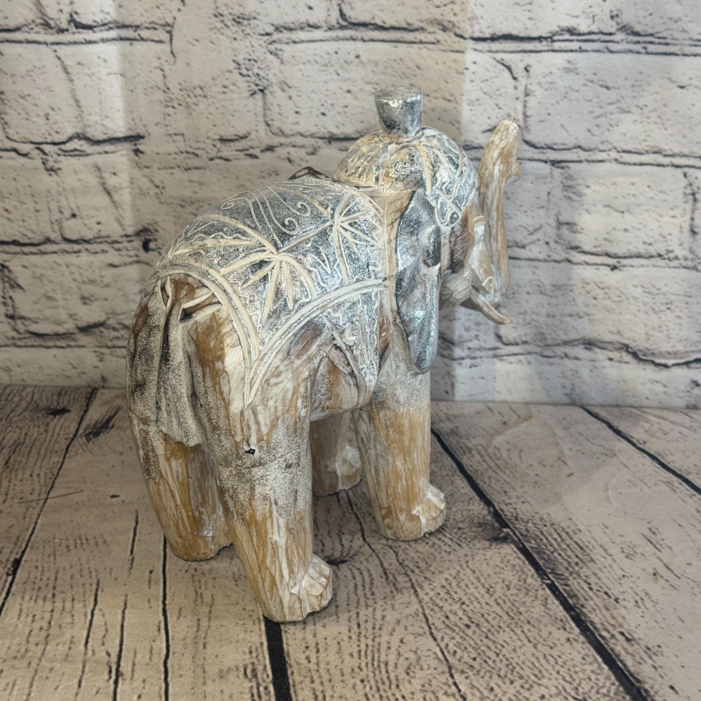 20cm x 20cm Brown Silver Wooden Standing Elephant Hand Carved & Painted4