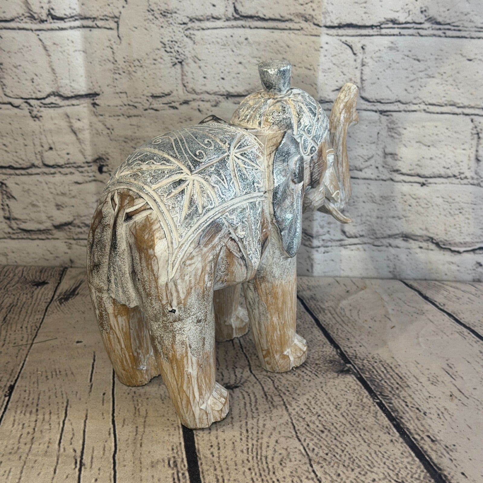 20cm x 20cm Brown Silver Wooden Standing Elephant Hand Carved & Painted4