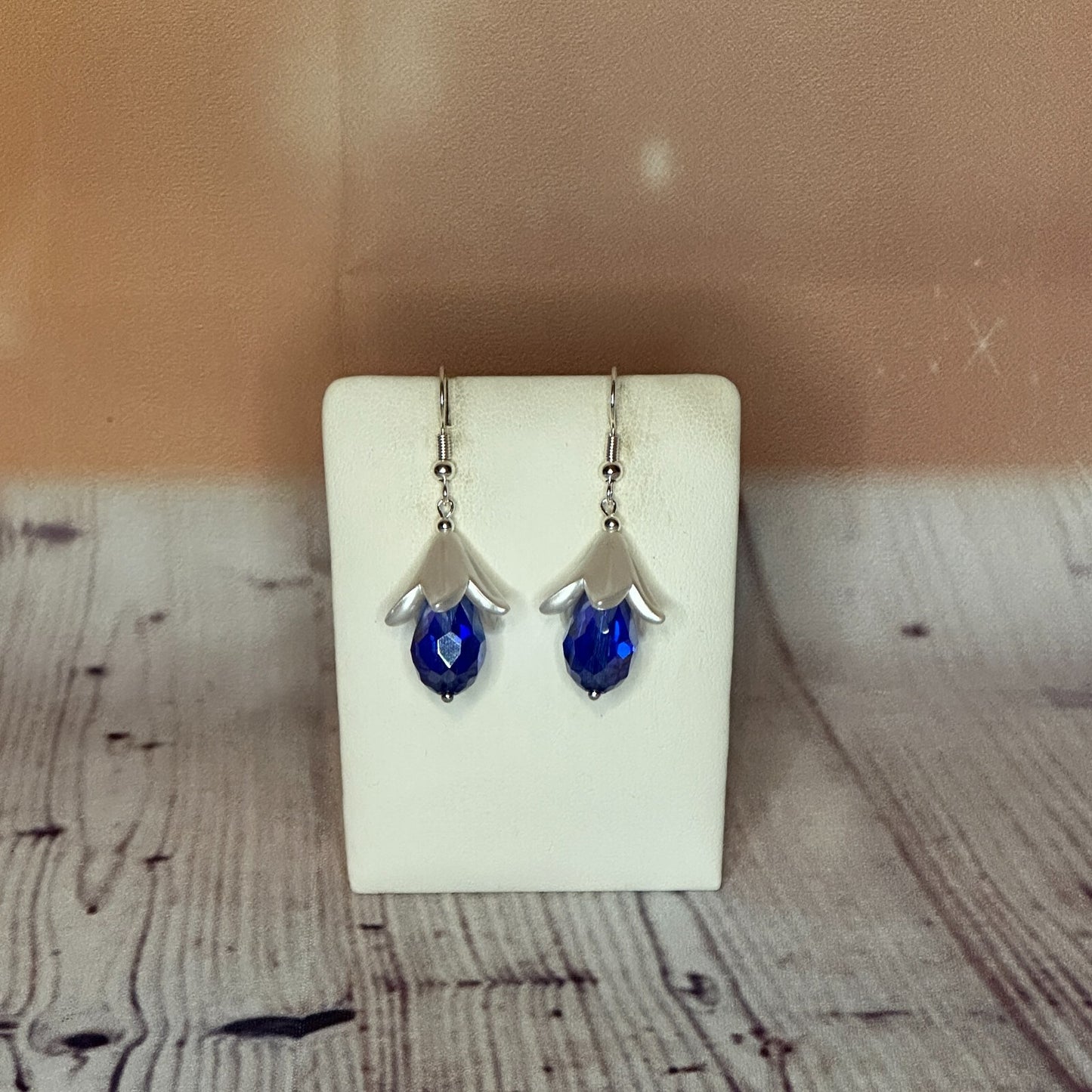 Dark Blue Drop Crystal Lily Flower Dangle Drop Earrings Handmade UK Jewellery0