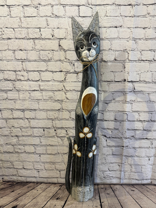 100cm Grey Silver Dots Wooden Shabby Cat Statue Ornament Fair Trade Handcarved0