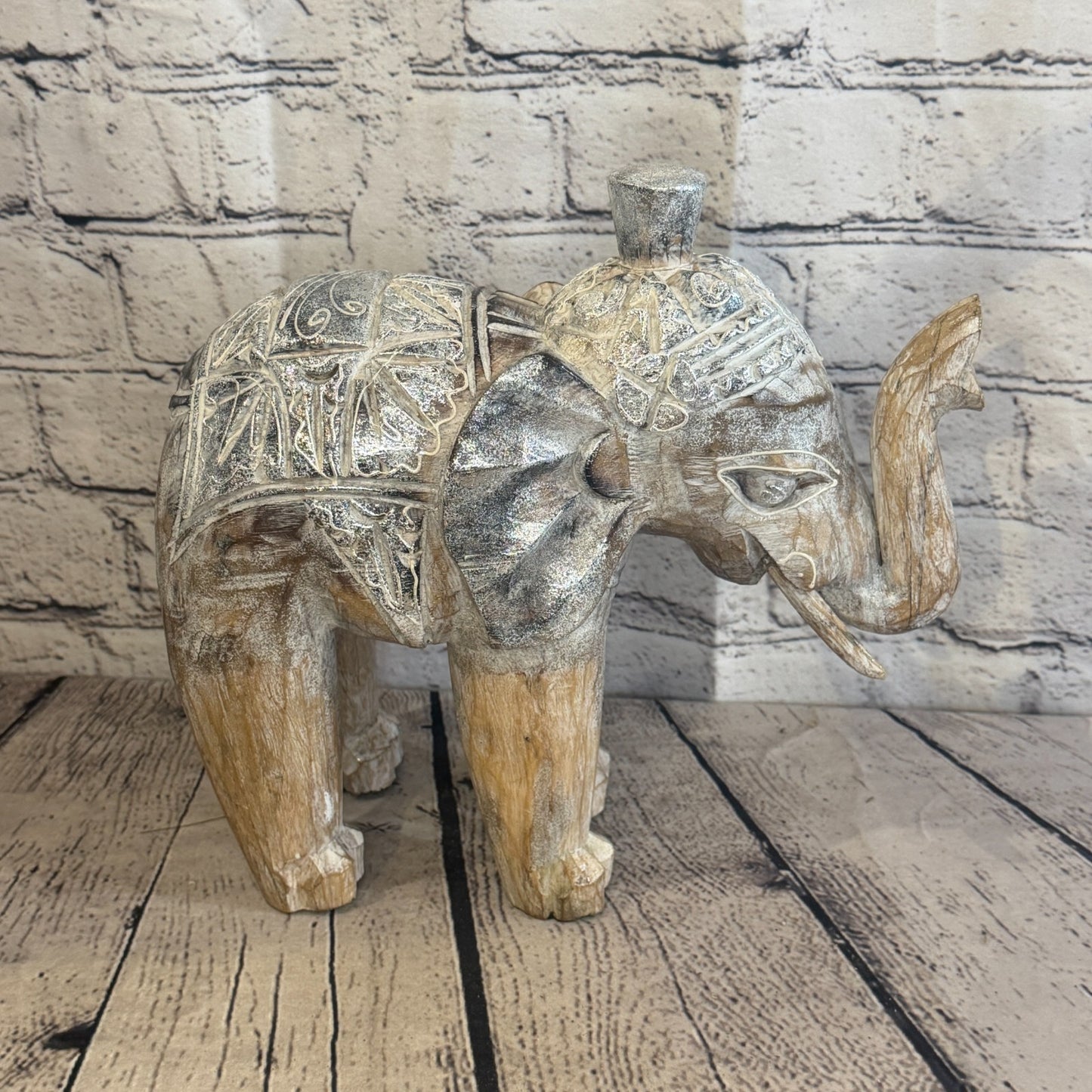 25cm x 25cm Brown Silver Wooden Standing Elephant Hand Carved & Painted3