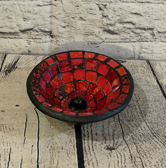 Red Small 12cm Round Mosaic Pottery Incense Holder Burner Detail0