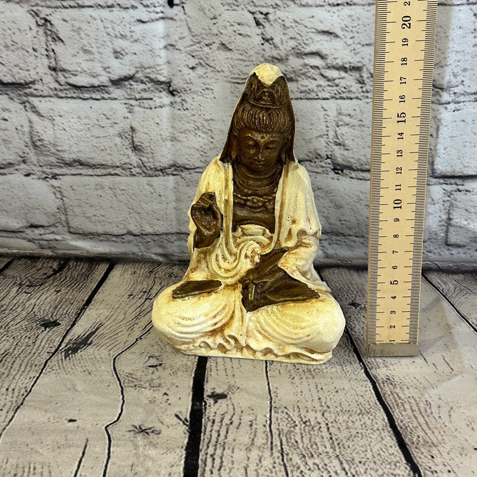 White & Bronze 18cm x 10cm Small Quan Yin Sitting Lotus Statue Resin Hindu God6
