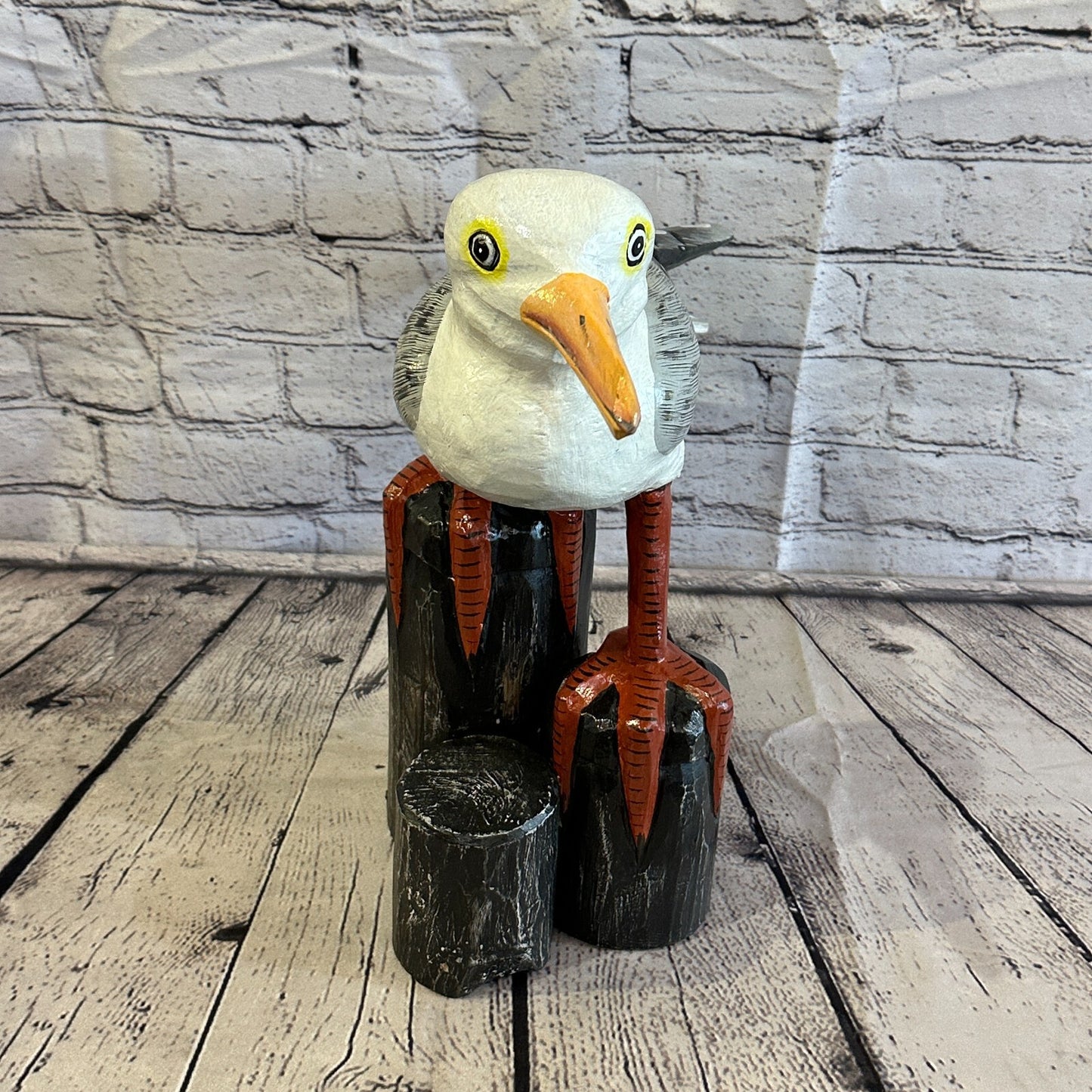 45cm x 35cm Seagull Ornament Wooden Bird Statue Nautical Decor Carved Painted1