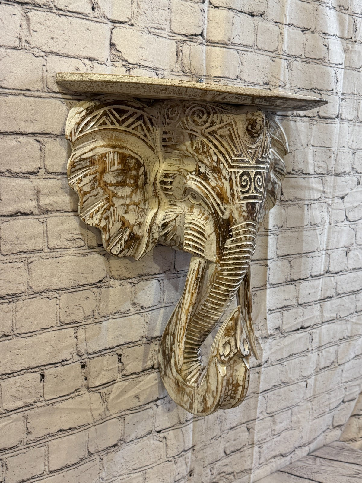 50cm x 45cm Brown Carved Wood Elephant Head Shelf Wall Mounted Art Large Shabby0