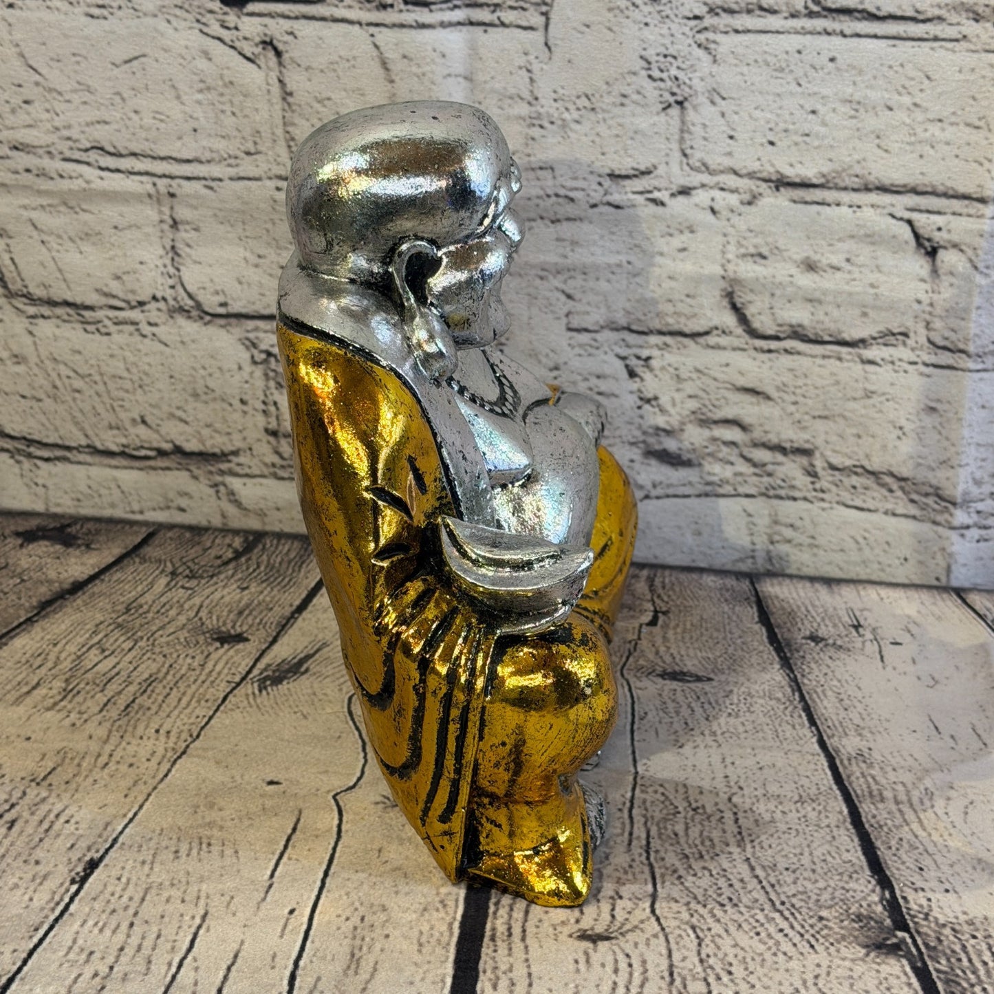 Silver And Gold 20cm x 20cm Large Chinese Buddha Sitting On Lotus Statue Resin3