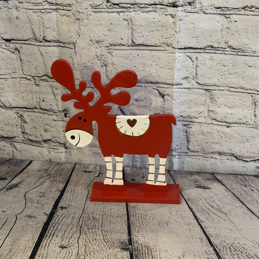 25cm x 20cm Red Heart Handcrafted Wood Reindeer Xmas Christmas Ornament Antlers0
