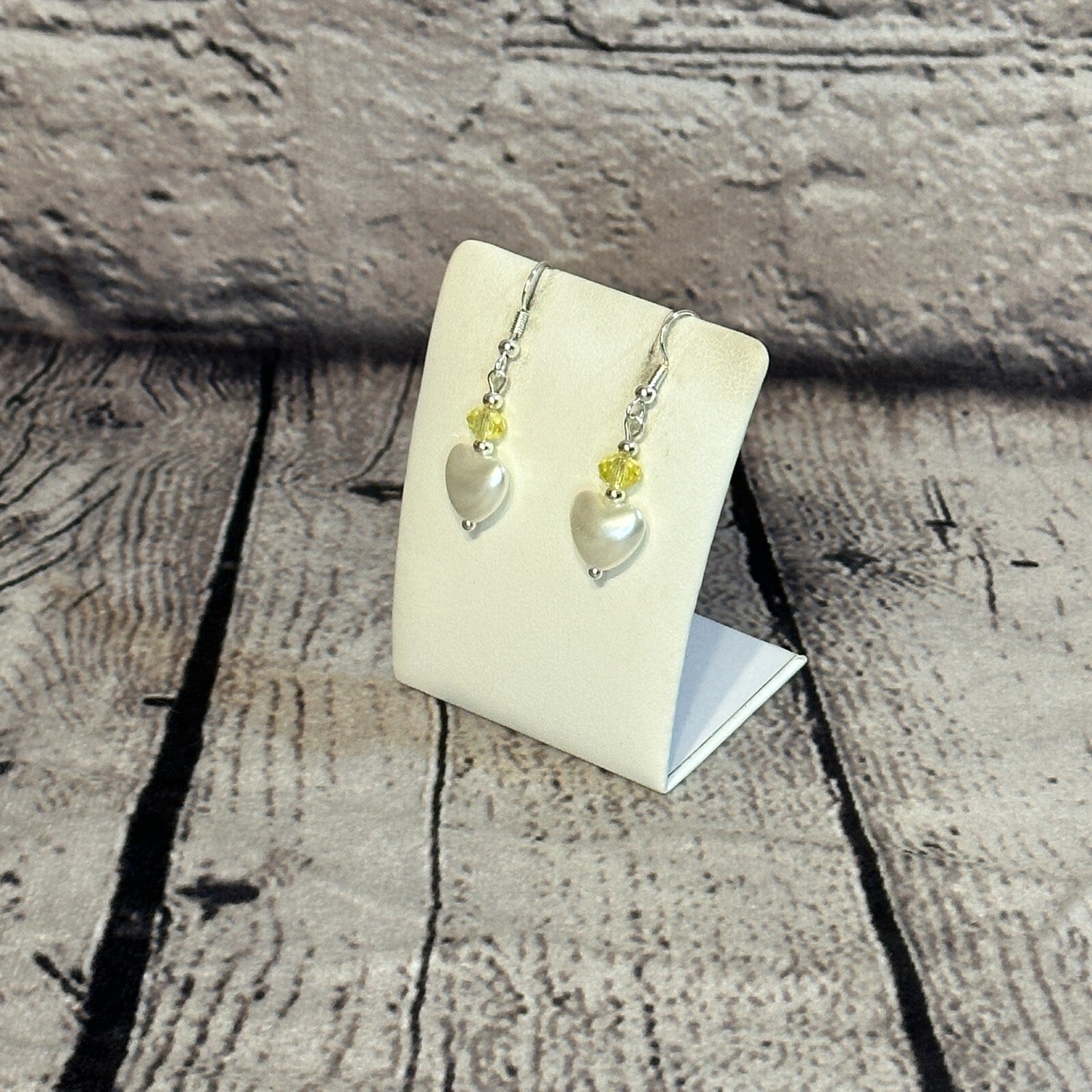 Yellow Crystal And White Heart Shaped Dangle Drop Earrings Handmade UK Jewellery1