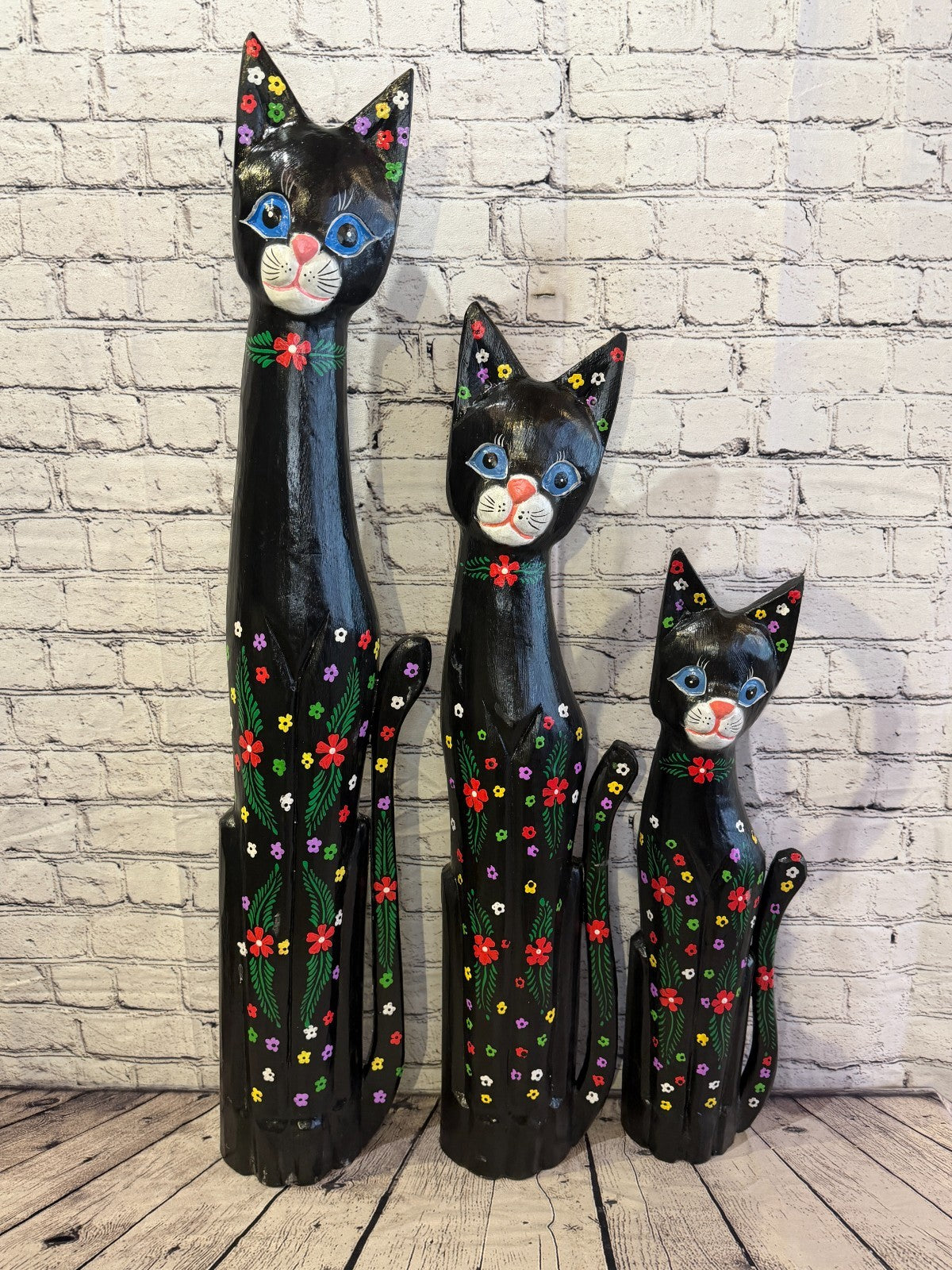 100cm Black Mix Flower Wooden Shabby Cat Statue Ornament Fair Trade Handcarved8