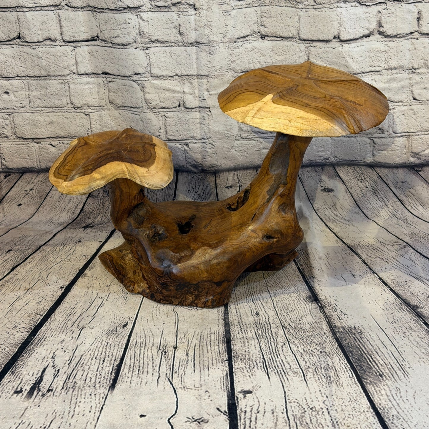 45cm x 35cm Double Wooden Mushroom Toadstool Sculpture Garden Teak Root Ornament1