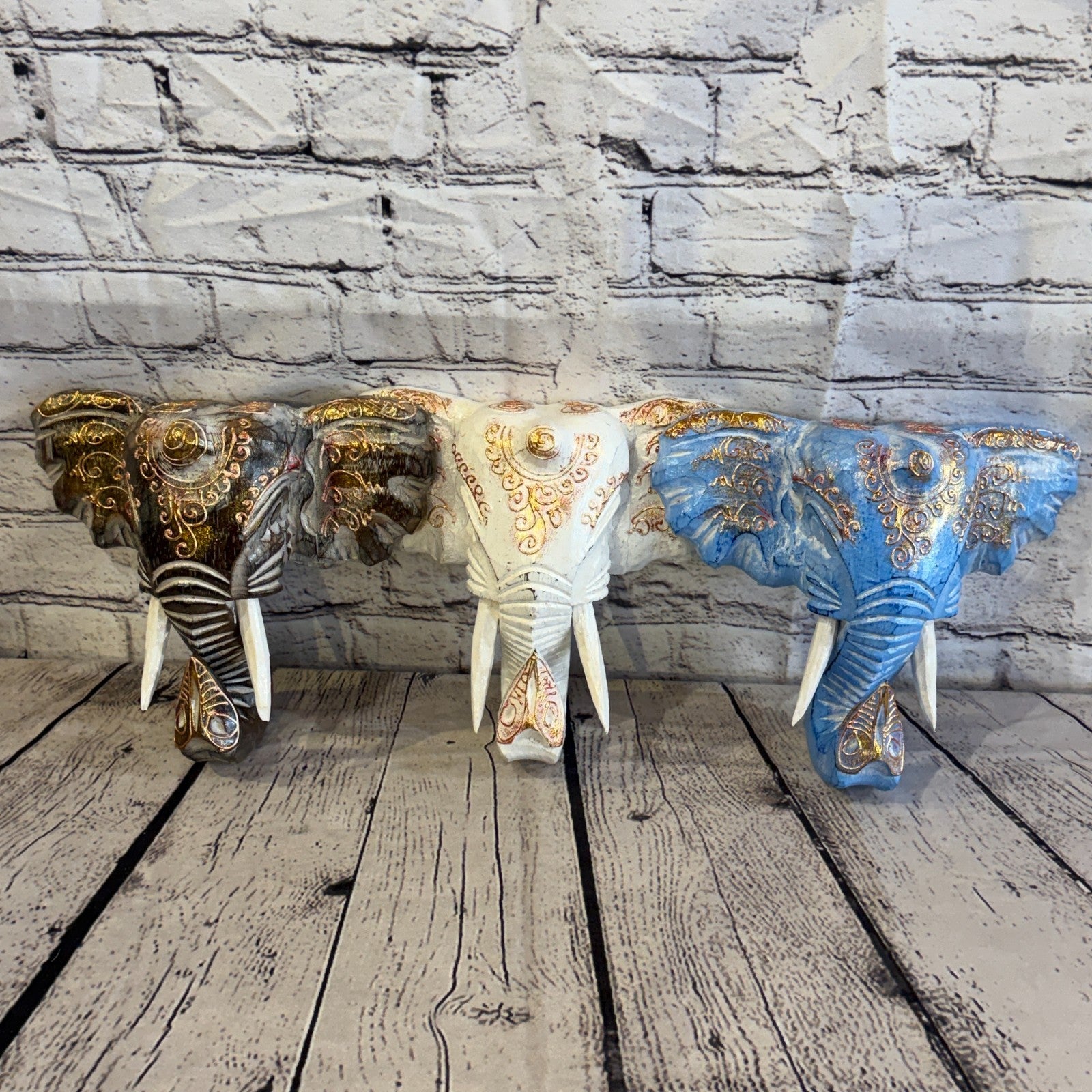 20cm x 20cm White Gold Painted Wood Elephant Head Wall Mounted Art Shabby7