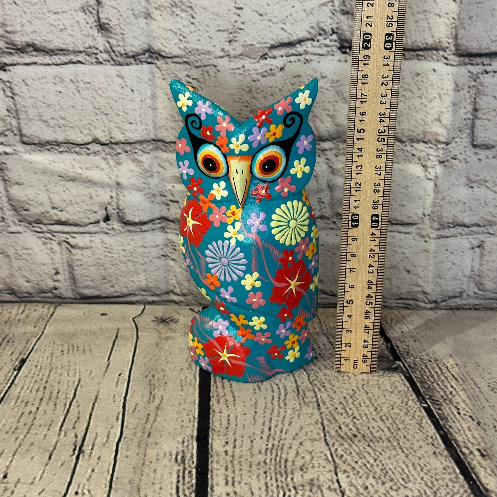 Blue Medium Wooden Owl With Flower Pattern 15cm x 8cm Handmade and Fairtrade5