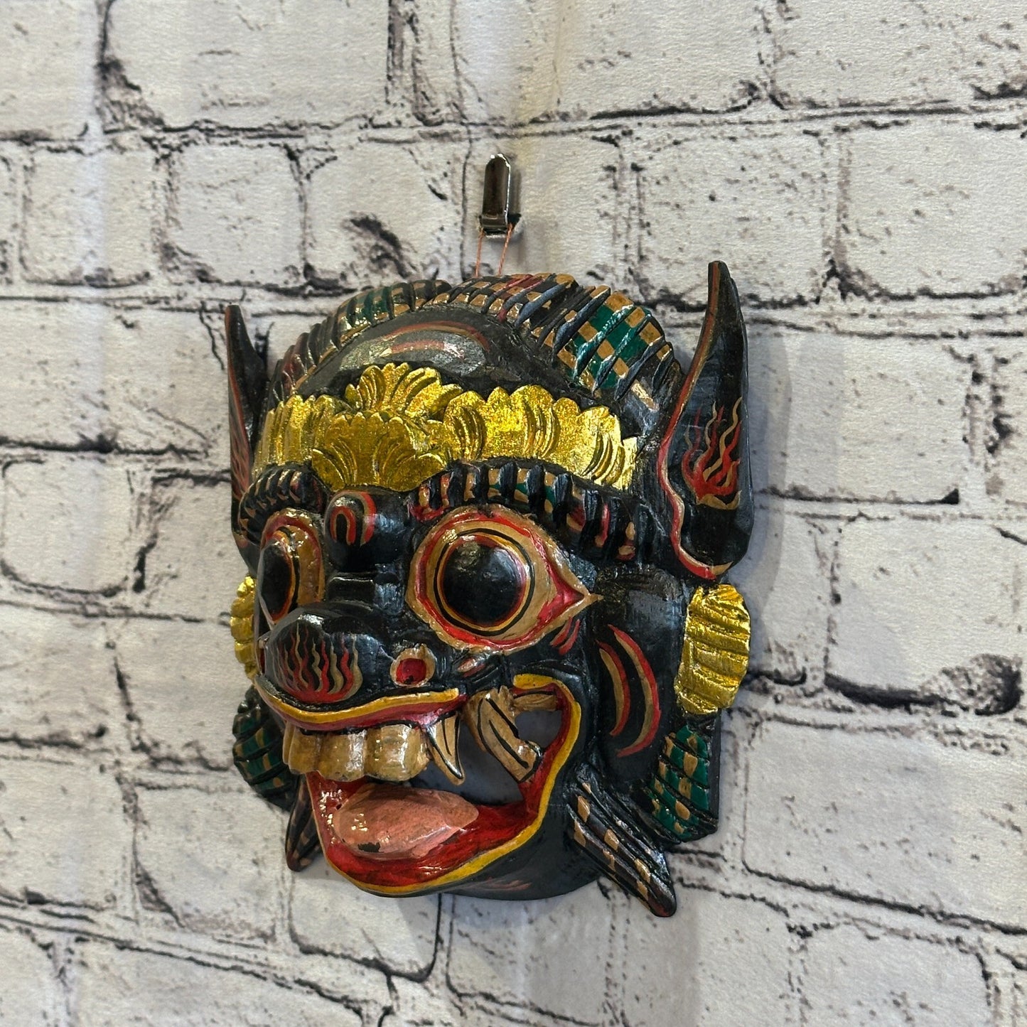 Large Wooden Black Barong Wall Mask 18cm x 18cm Handmade And Fairtrade Hindu1