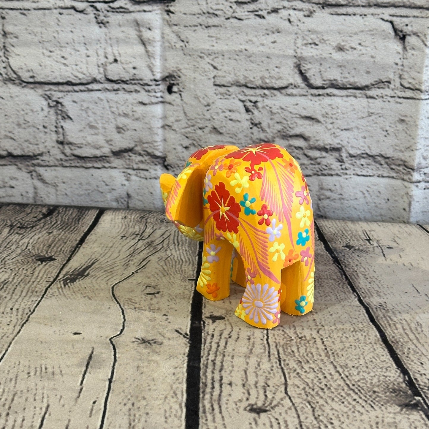 Orange Wooden Elephant With Flower Pattern 10cm x 12cm Handmade and Fairtrade4