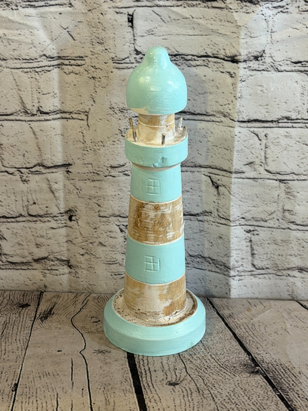 30cm Green White Wooden Lighthouse Ornament Nautical Coastal Sculpture Statue1