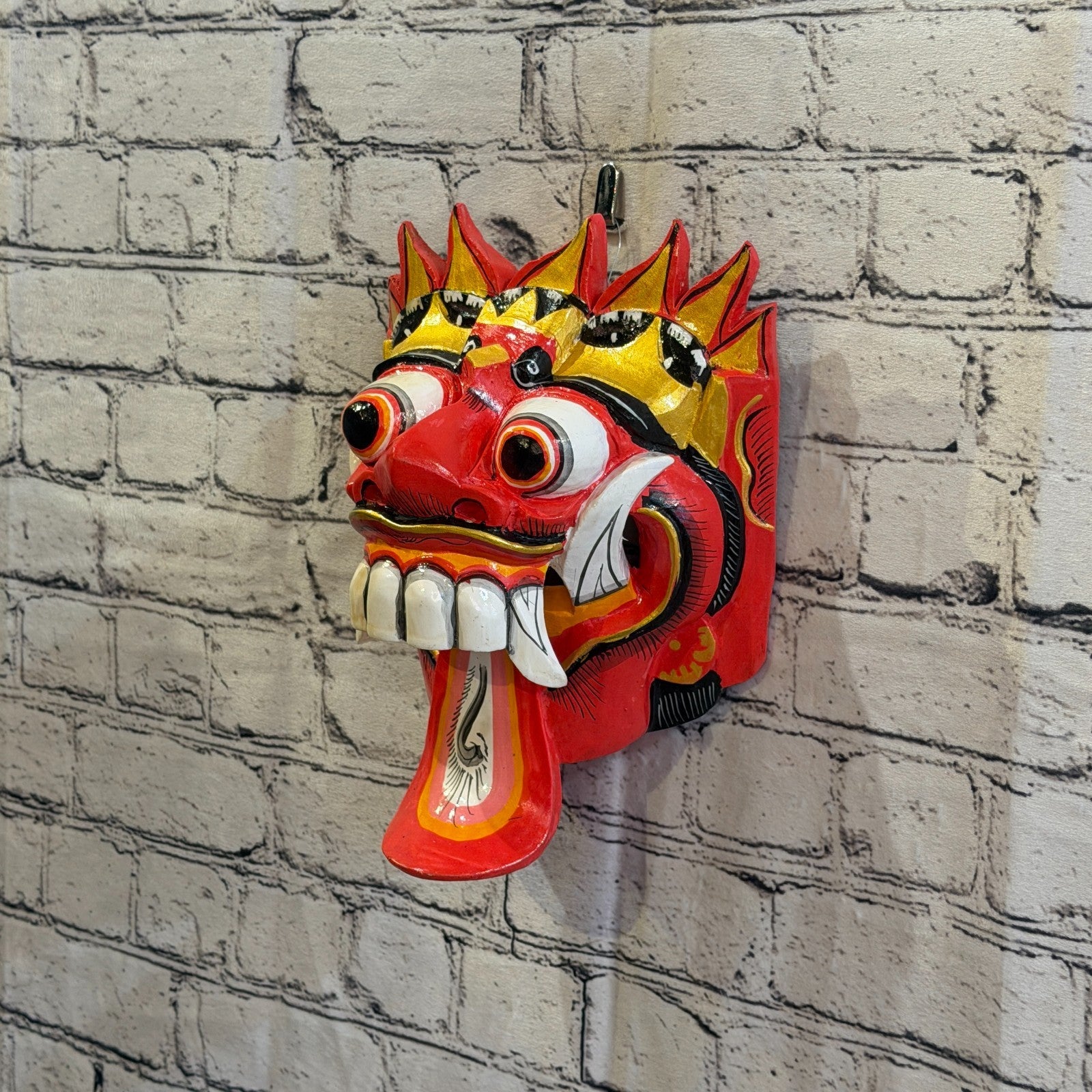 25cm Rangda Demon Red Dragon Hindu Deity Wooden Hand Carved Mask Painted1