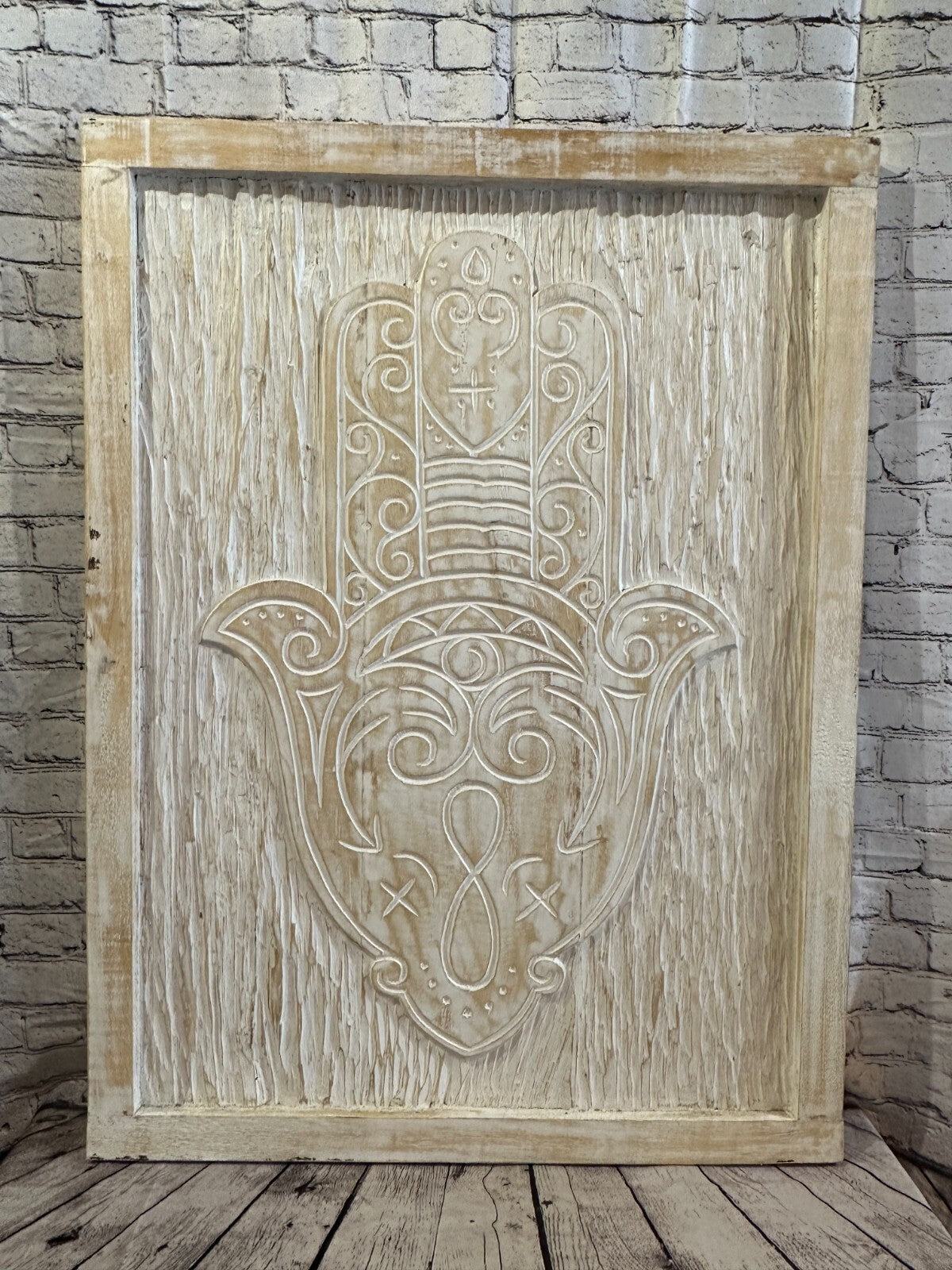 110cm x 80cm Hand Of Fatima Cream Wooden Wood Panel Wall Art Plaque Handcarved0