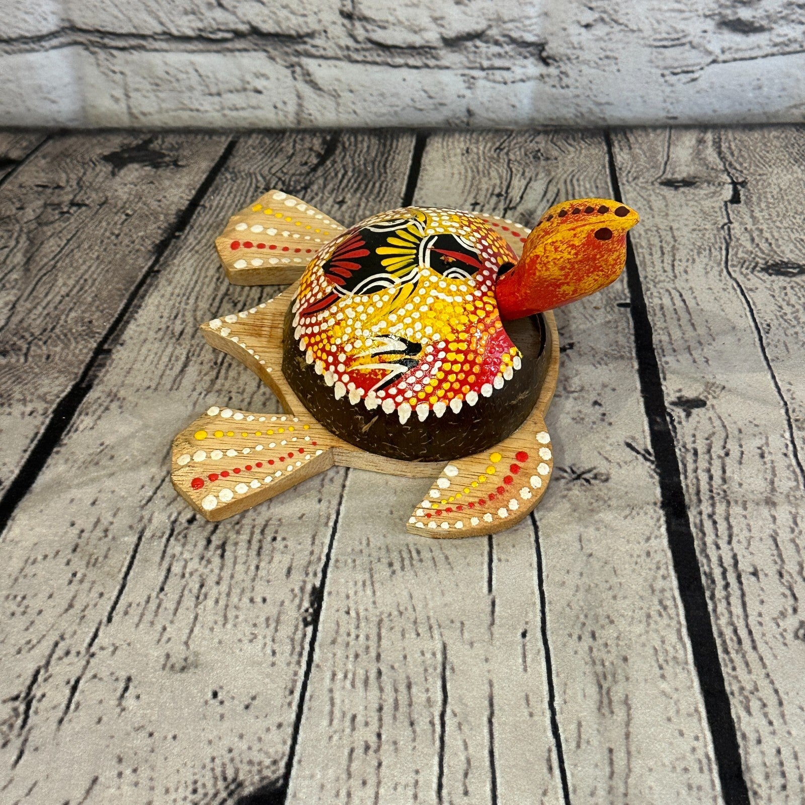 Red Painted Half Coconut Shell Wood Turtle Bobble Head Moving Tortoise Handmade4