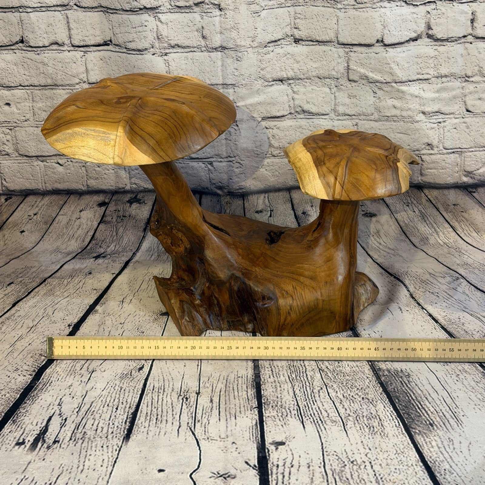 45cm x 35cm Double Wooden Mushroom Toadstool Sculpture Garden Teak Root Ornament6
