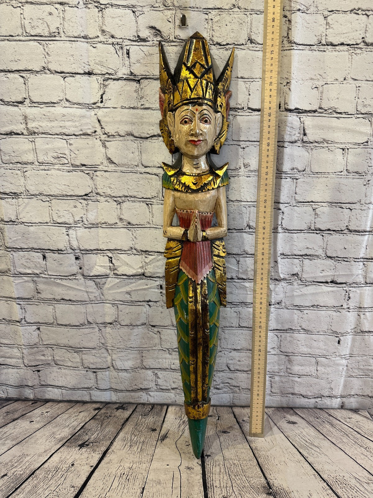 Plain Antique Colour Sita Dewi Bali Rice Goddess Wings Mermaid Wood 80cm Pair7