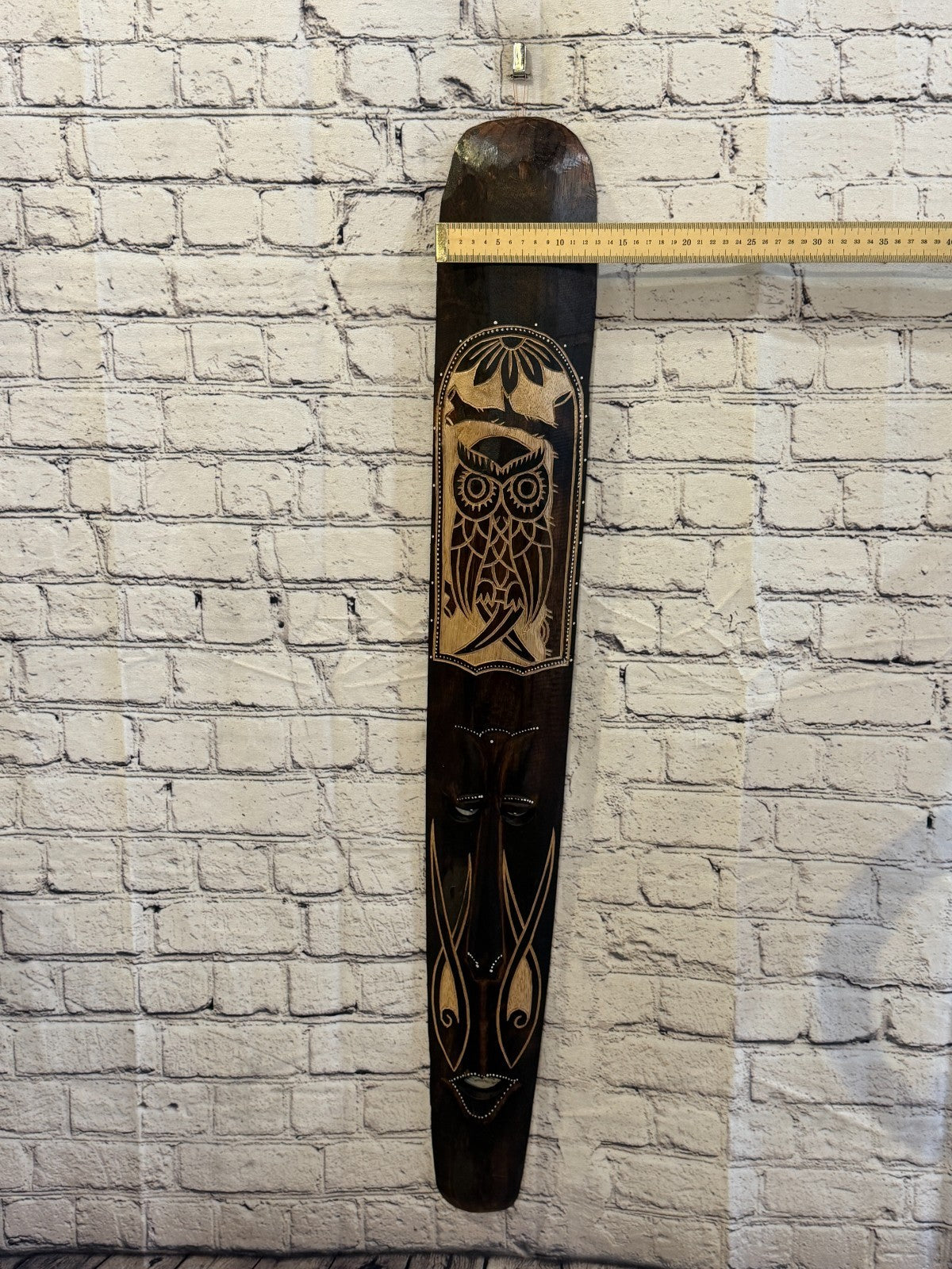 100cm Owl Mask Carved Wooden Brown Work Painted Ethnic Tribal Tiki Wall Art3
