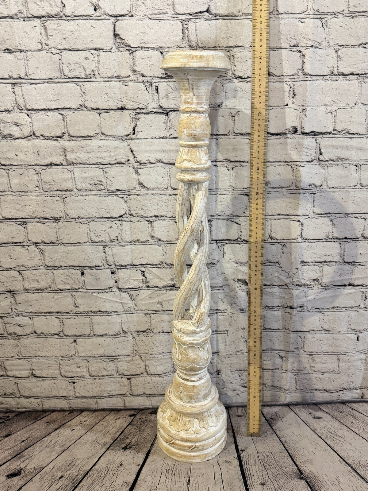 80cm x 18cm White Twist Wooden Vintage Style Candle Stand Shabby Pillar Holders3