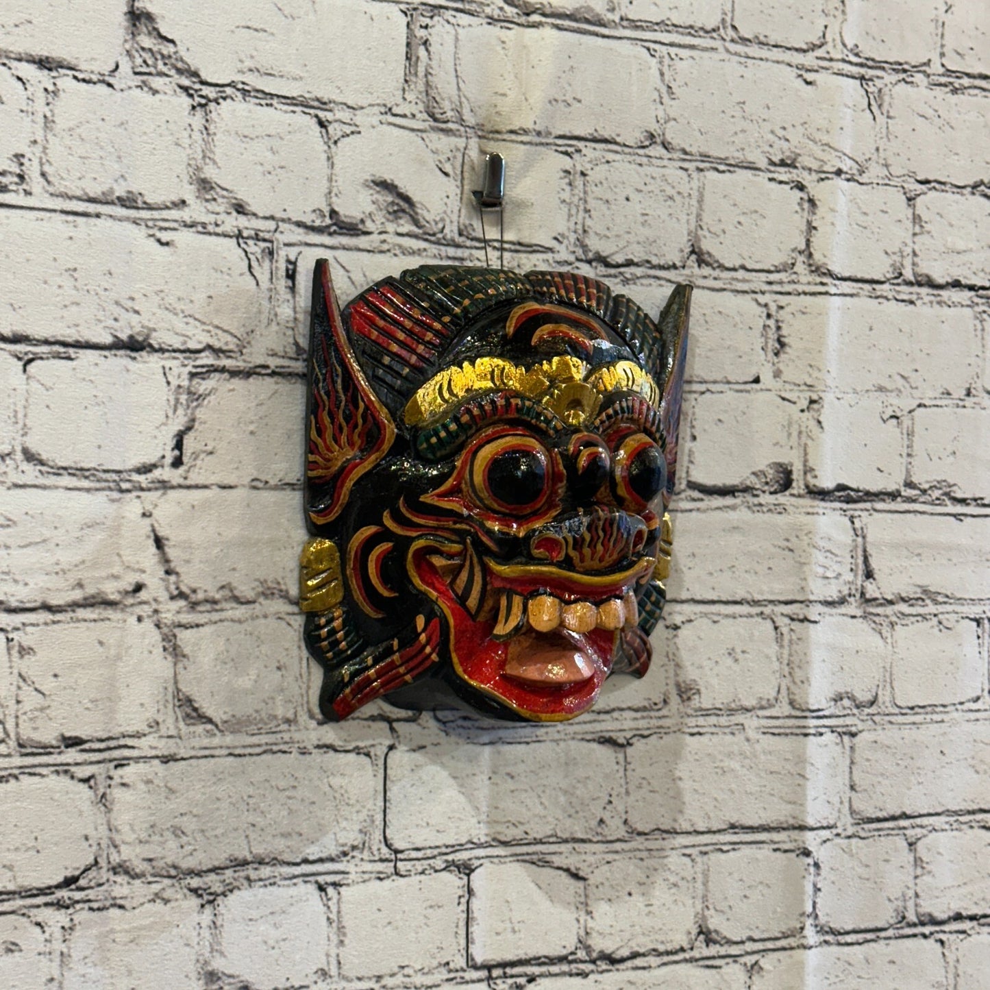 Large Wooden Black Barong Wall Mask 20cm x 20cm Handmade And Fairtrade Hindu0