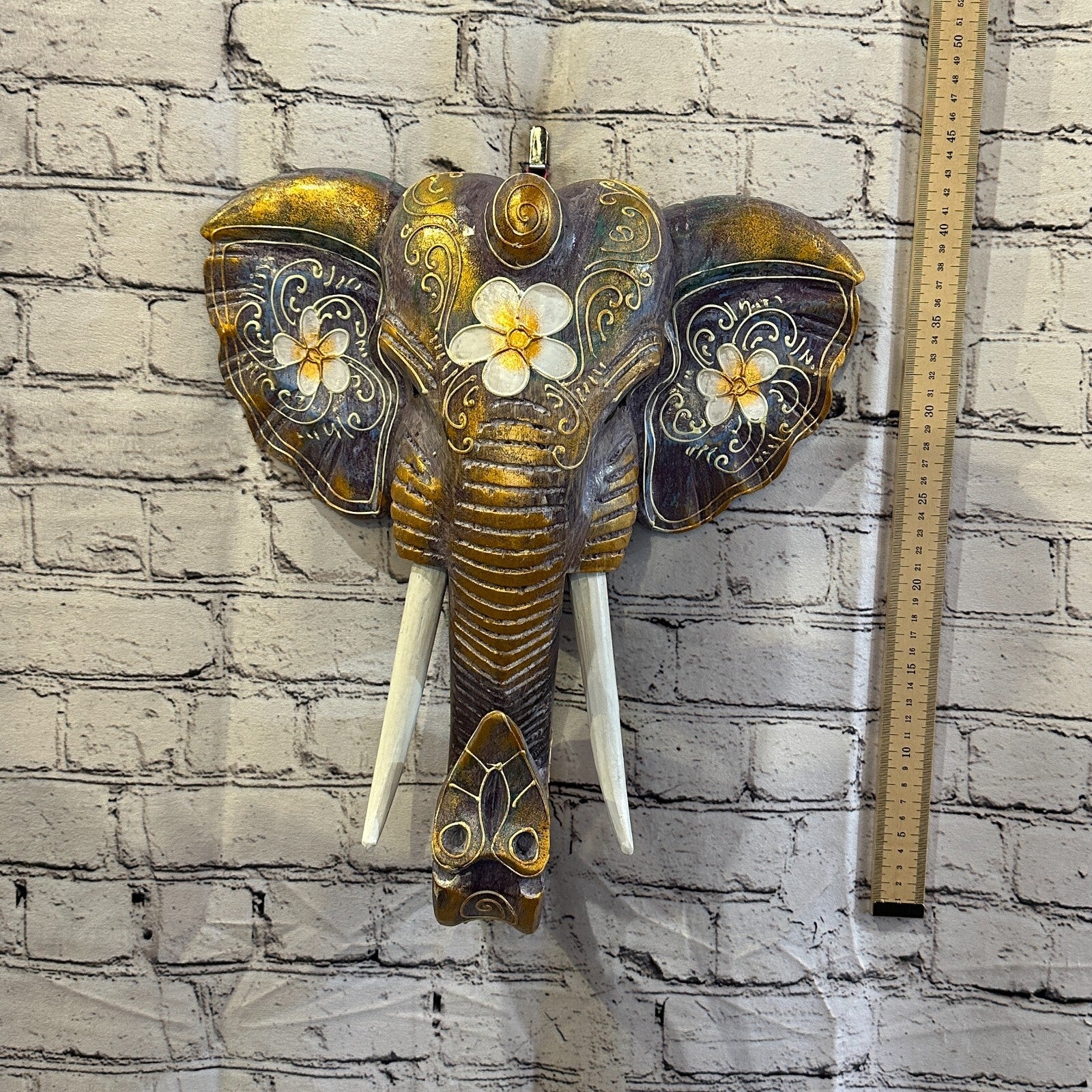 40cm x 35cm Purple Flower Painted Wood Elephant Head Wall Mounted Art Shabby4