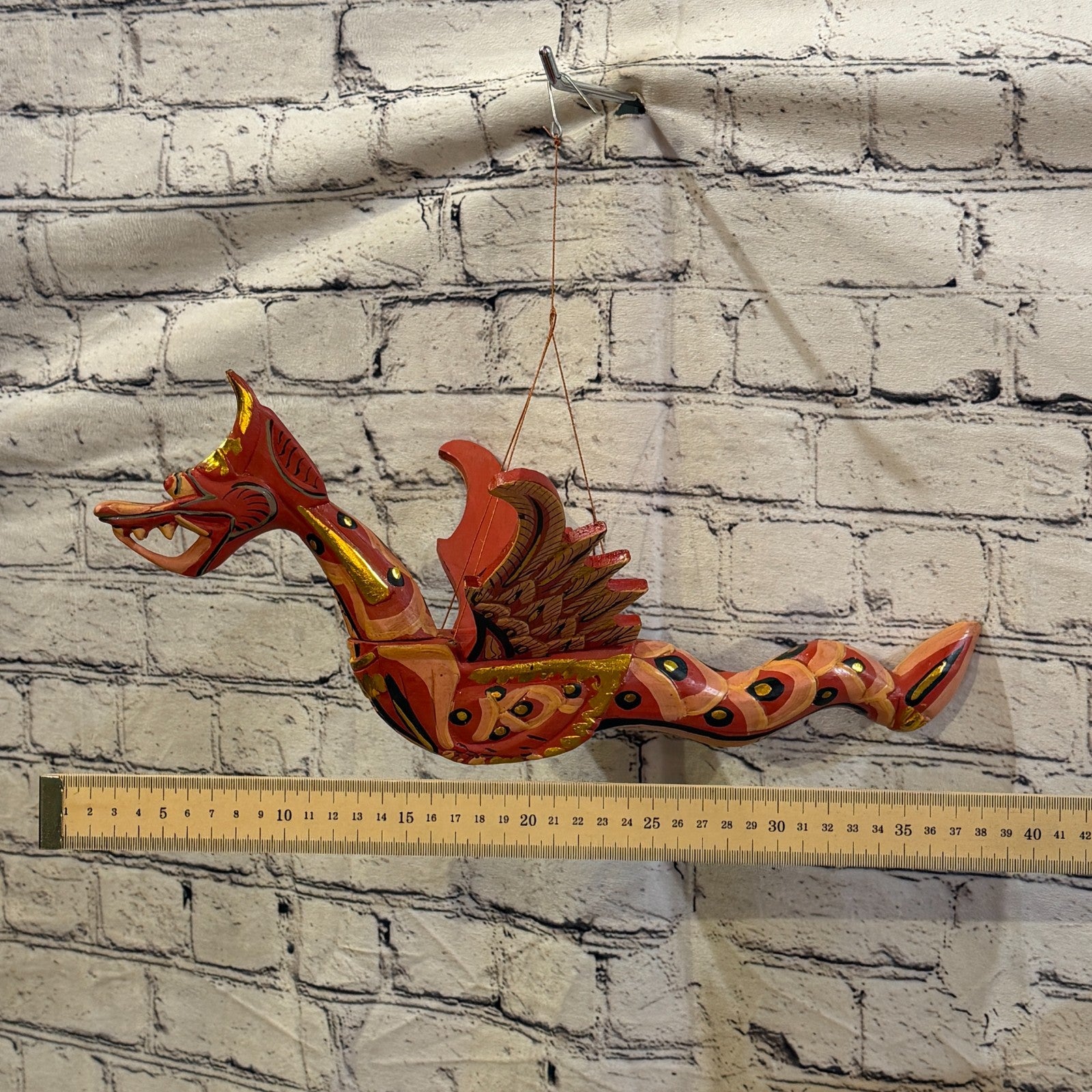 40cm Red Dragon Folk Art Carved Wood Flying Winged Mobile Spirit Guardian3
