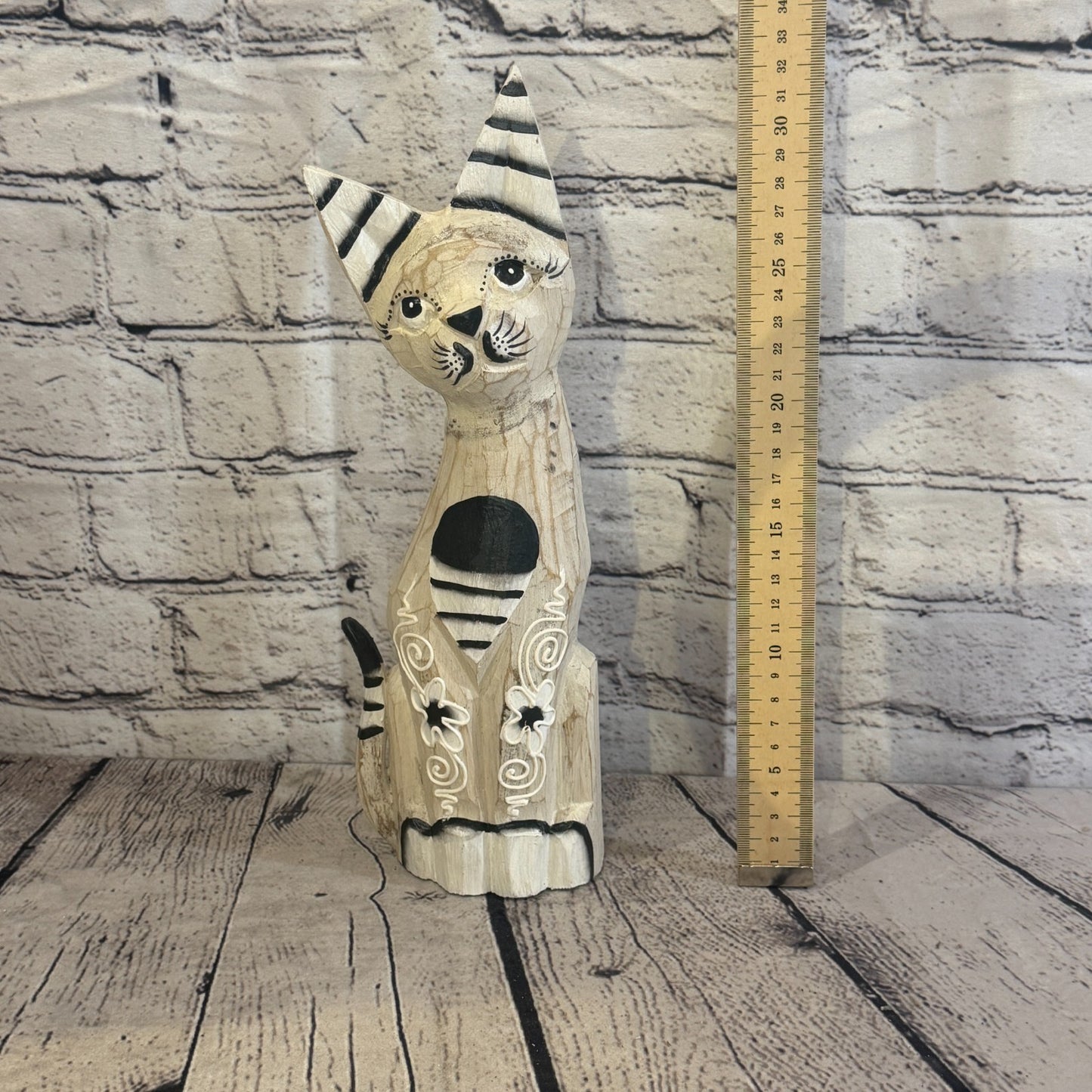 30cm White Flower Wooden Shabby Cat Statue Ornament Fair Trade Handcarved5
