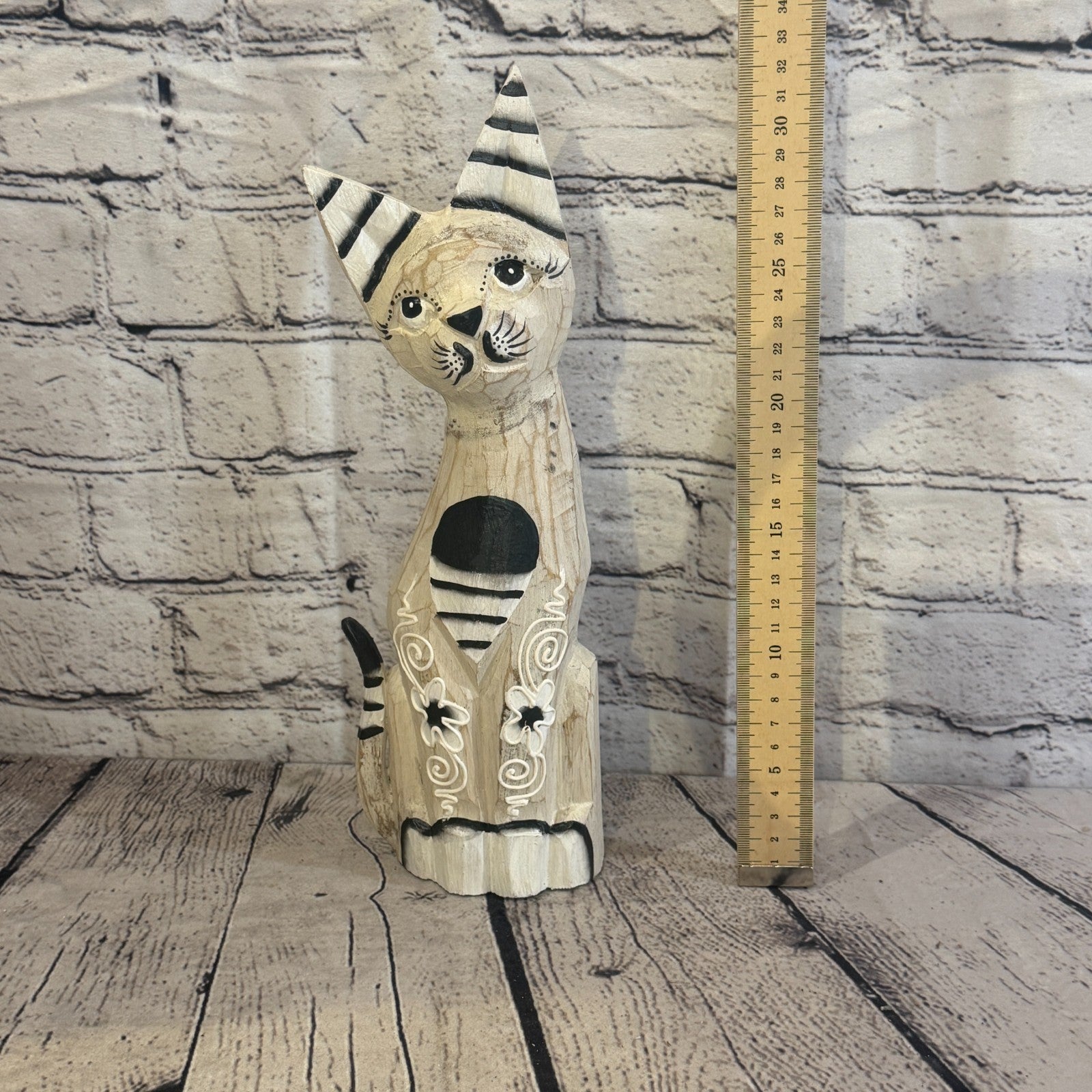 30cm White Flower Wooden Shabby Cat Statue Ornament Fair Trade Handcarved5