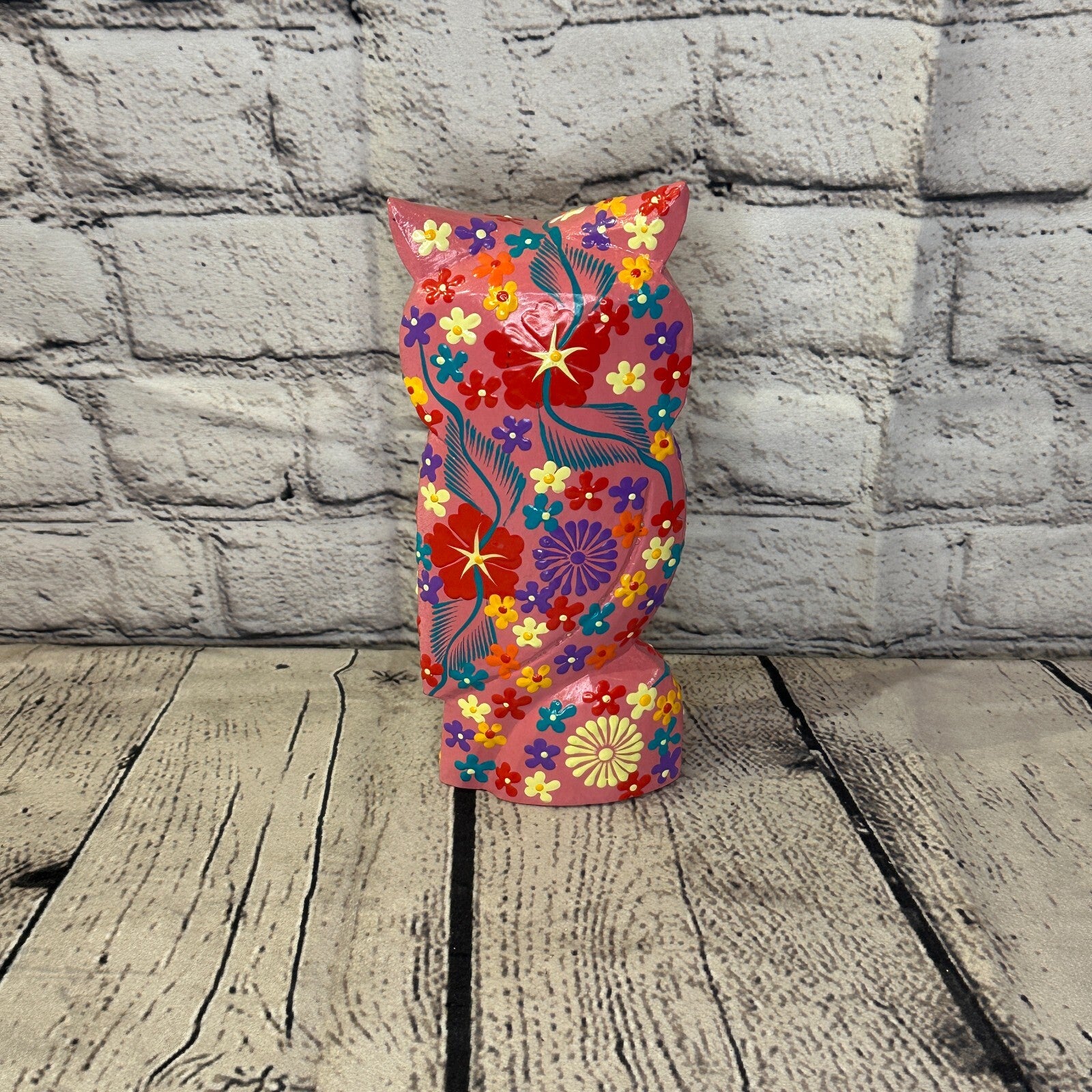 Pink Large Wooden Owl With Flower Pattern 20cm x 8cm Handmade and Fairtrade4
