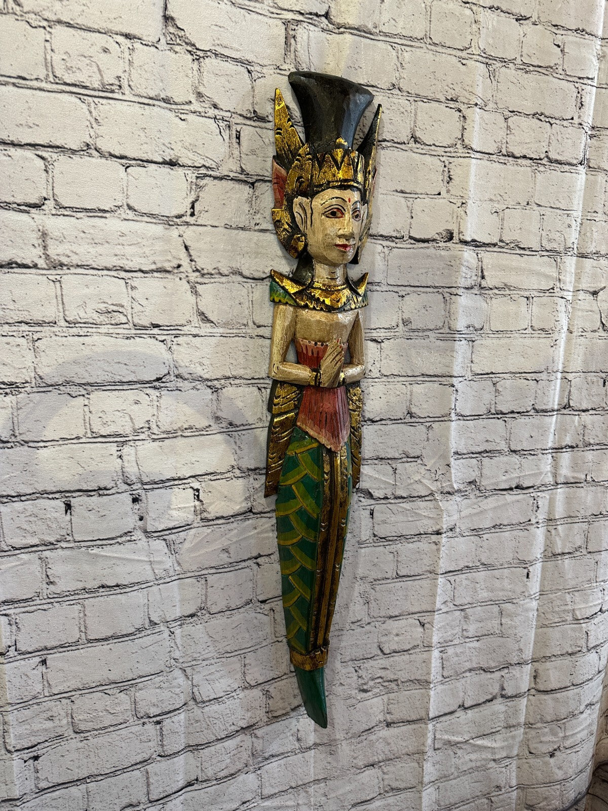 Plain Antique Colour Sita Dewi Bali Rice Goddess Wings Mermaid Wood 80cm Pair1