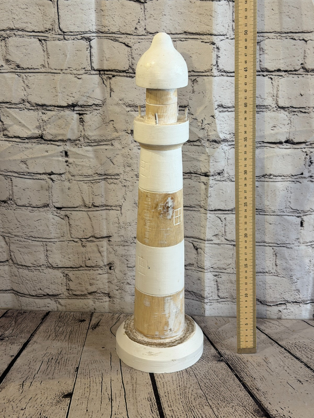 50cm Cream White Wooden Lighthouse Ornament Nautical Coastal Sculpture Statue3