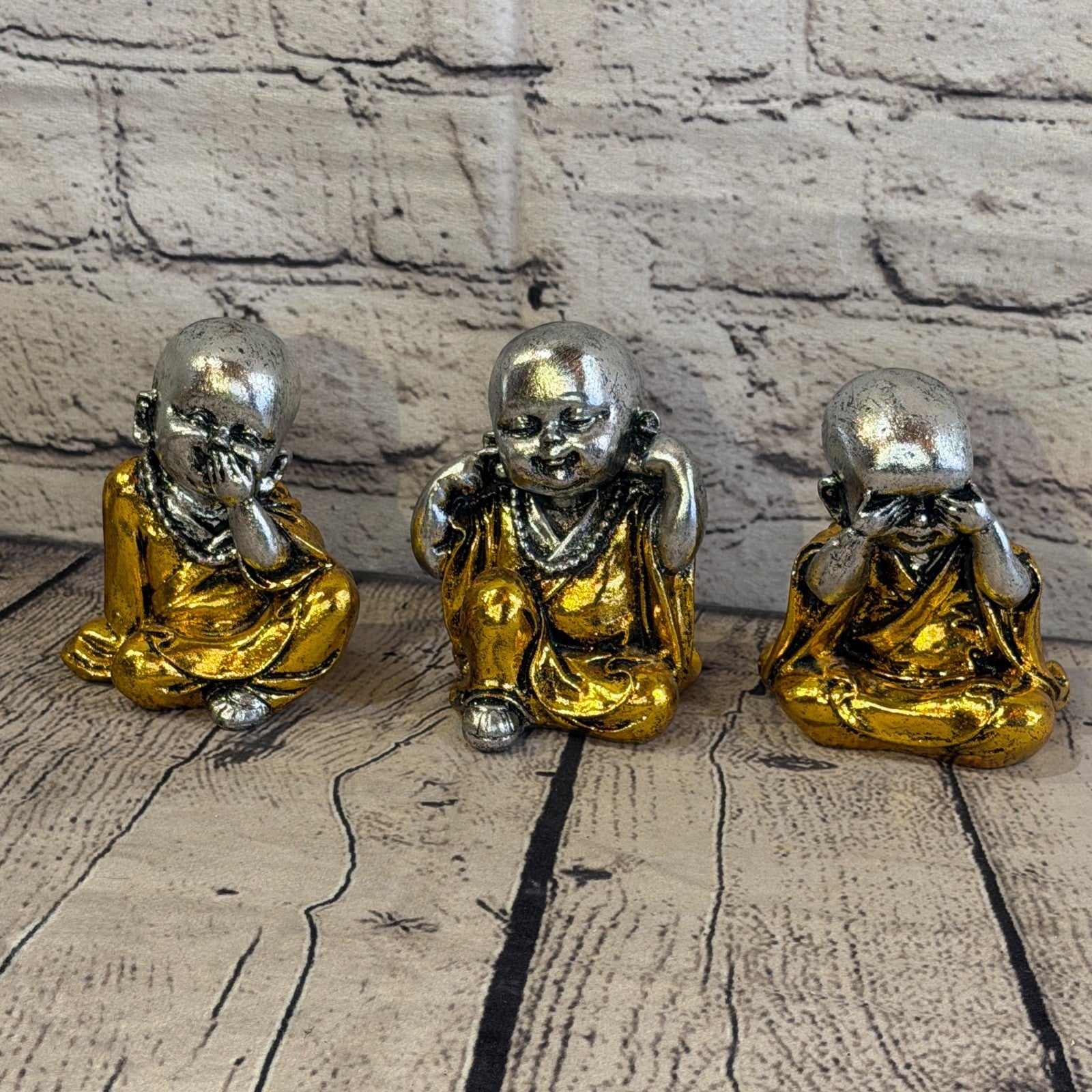 Silver Gold 10cm Set Of 3 Wise Buddha Monks Sitting On Seat Statue Resin Hindu0