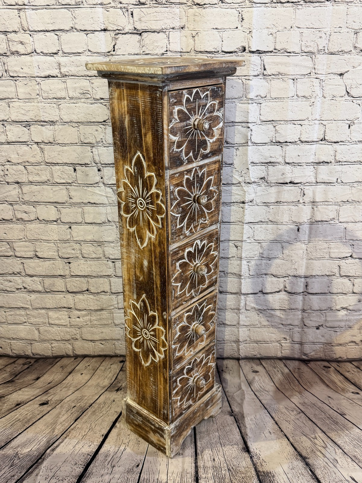 100cm x 25cm Brown 5 Draw Pillar Wooden Side Cabinet Living Storage Furniture2