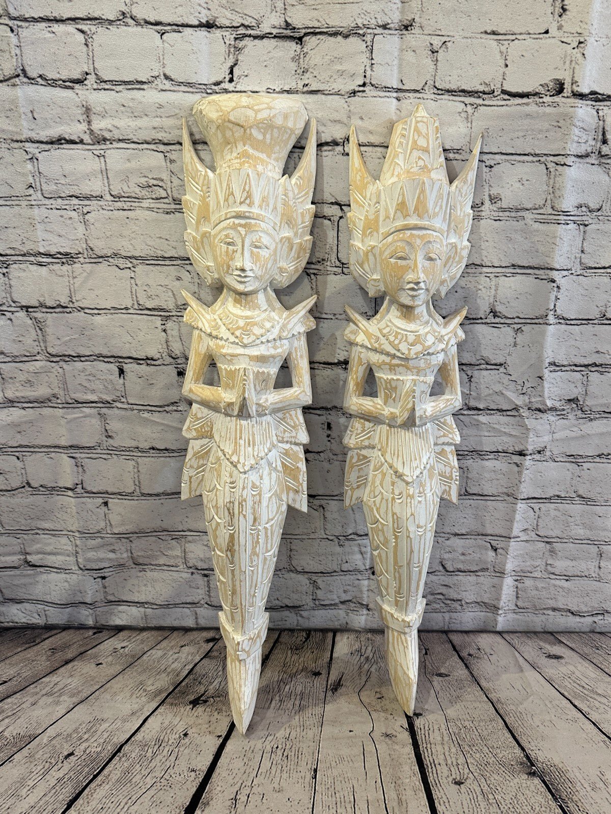 Shabby White Sita Dewi Bali Rice Goddess Wings Mermaid Wood Carving 65cm Pair0