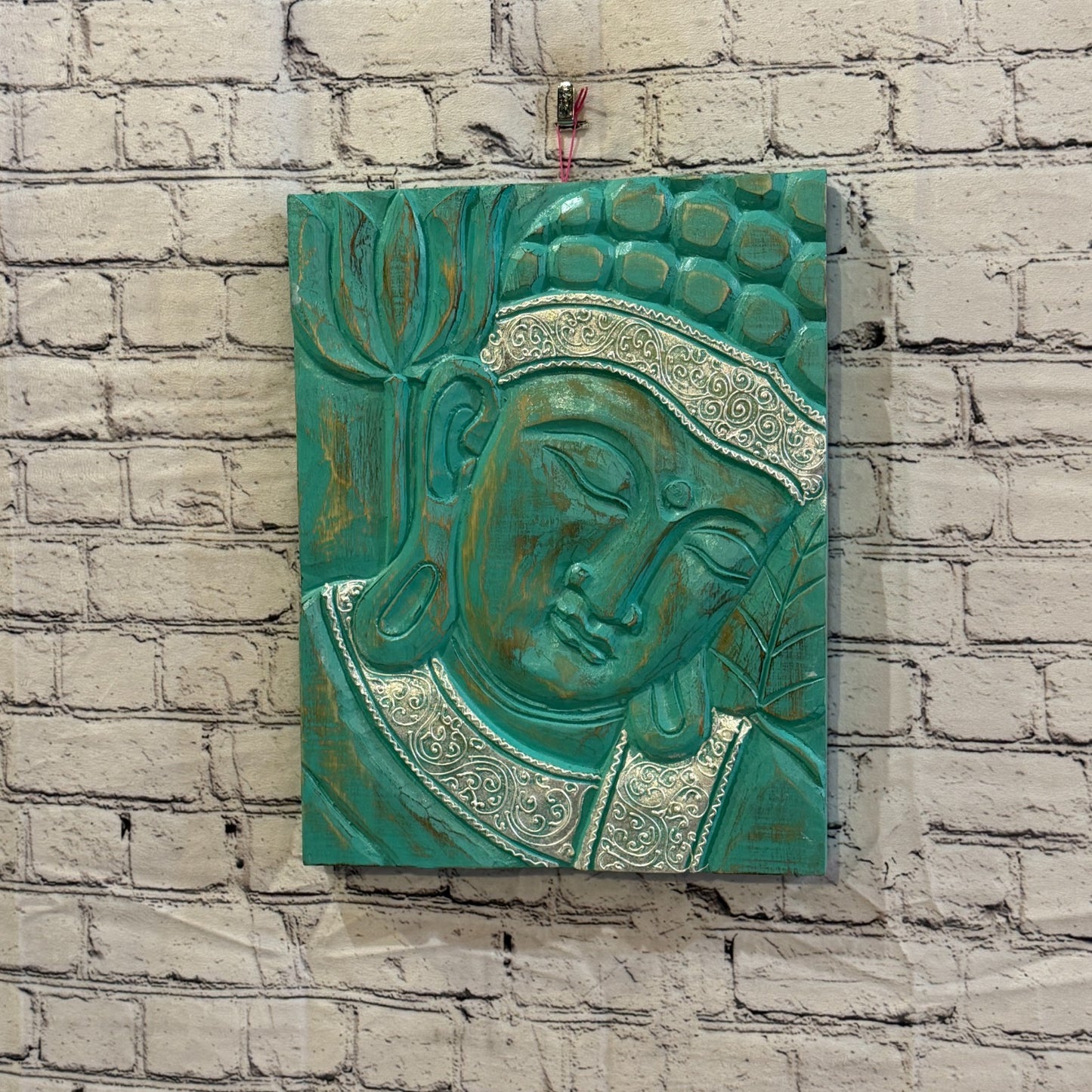 Wooden Wood Panel 40cm Silver Teal Buddha Lotus Wall Art Plaque Handcarved2