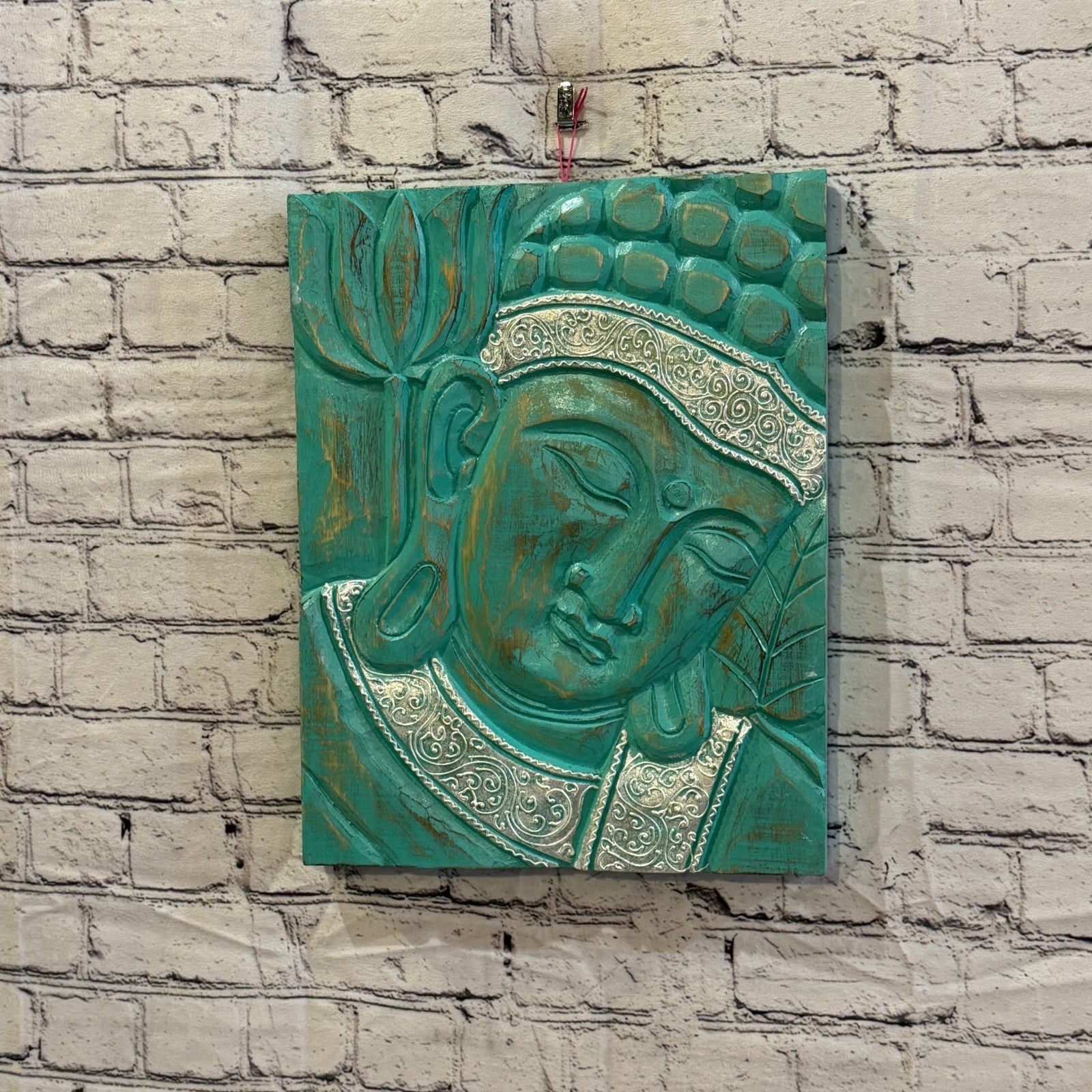 Wooden Wood Panel 40cm Silver Teal Buddha Lotus Wall Art Plaque Handcarved2