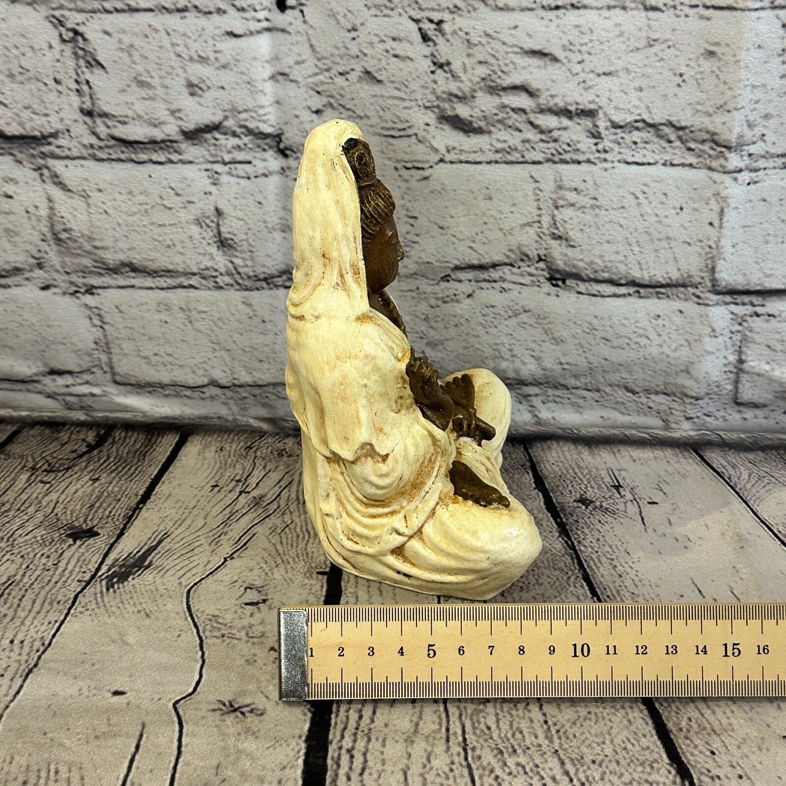 White & Bronze 18cm x 10cm Small Quan Yin Sitting Lotus Statue Resin Hindu God8