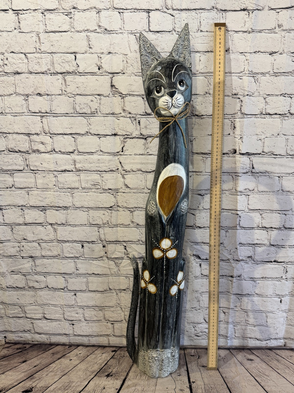 100cm Grey Silver Dots Wooden Shabby Cat Statue Ornament Fair Trade Handcarved5