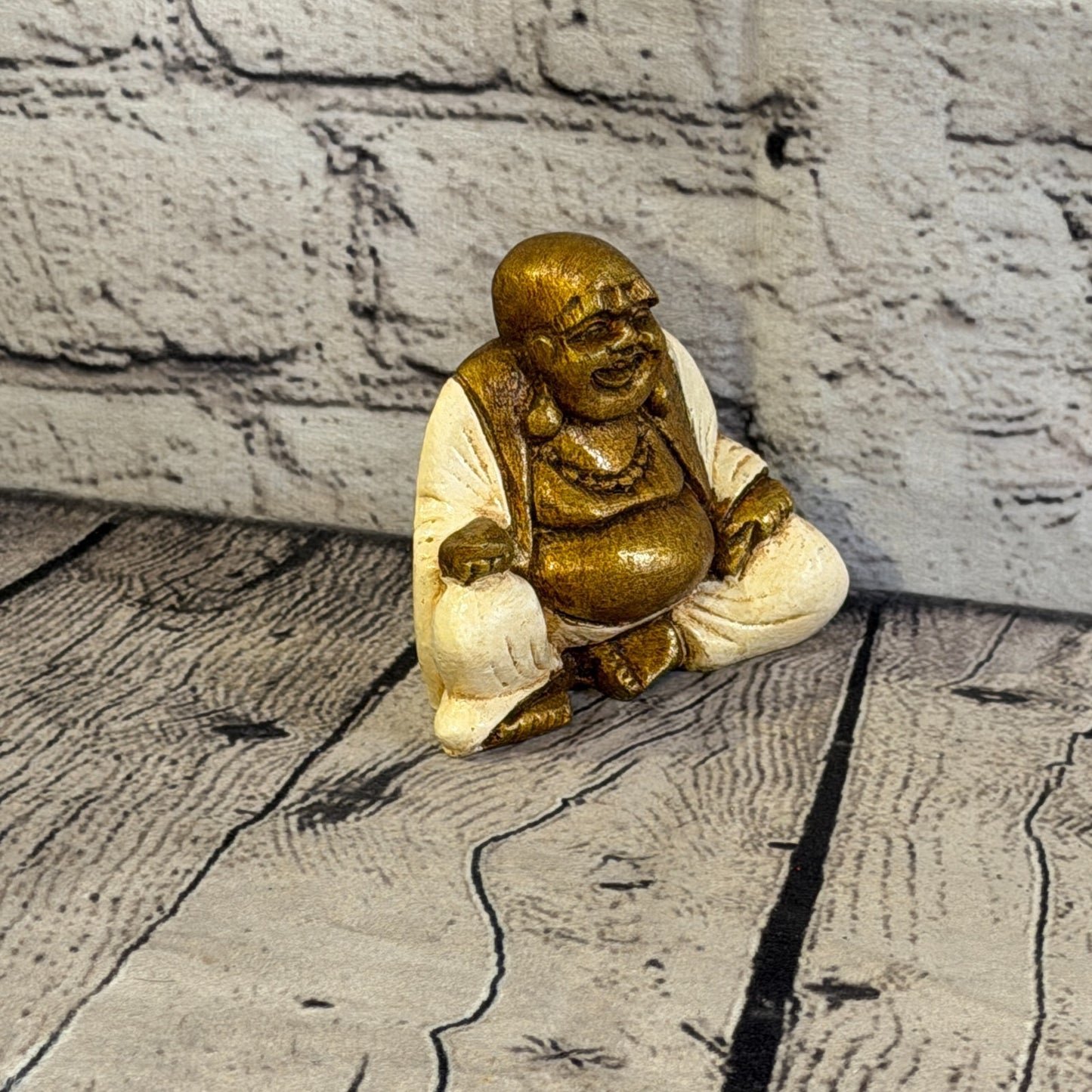 Cream & Bronze 10cm x 10cm Small Chinese Buddha Sitting On Lotus Statue Resin2