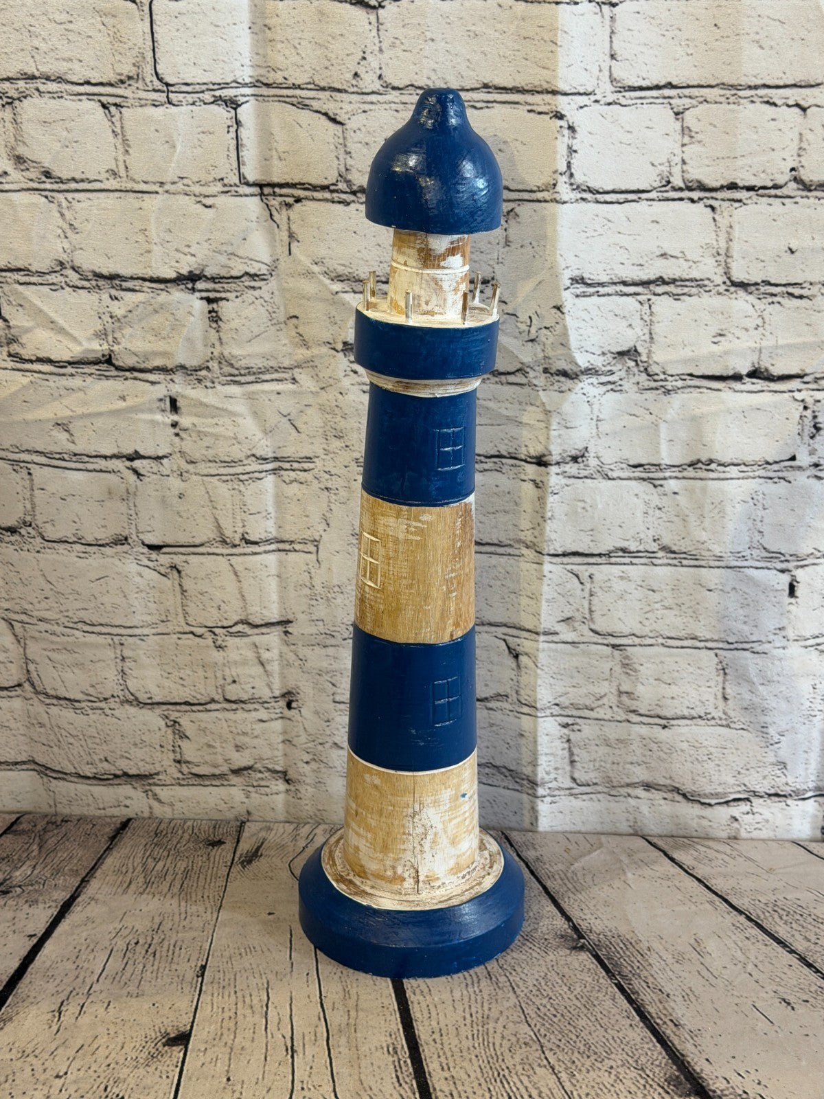 50cm Blue White Wooden Lighthouse Ornament Nautical Coastal Sculpture Statue1