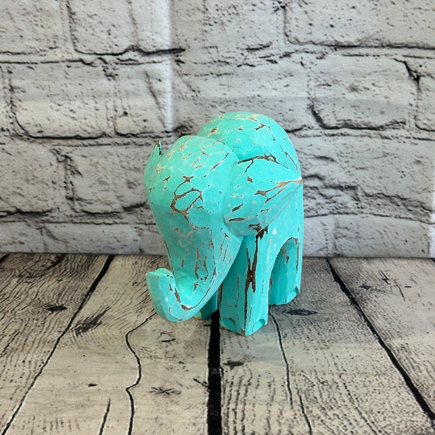 Green Wooden Elephant With Shabby Pattern 12cm x 12cm Handmade and Fairtrade0