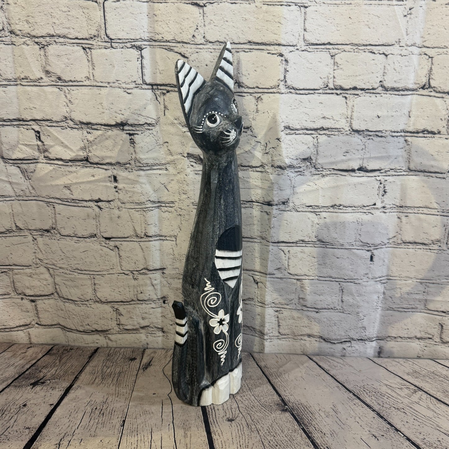 50cm Grey Flower Wooden Shabby Cat Statue Ornament Fair Trade Handcarved2