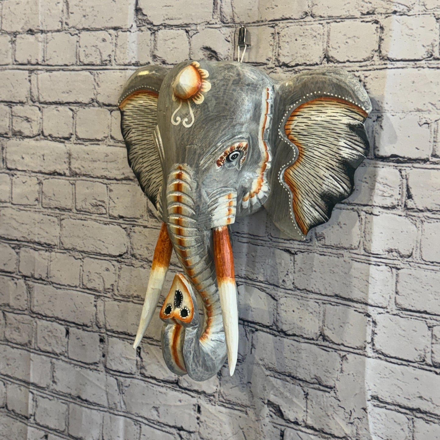 40cm x 35cm Grey Light Painted Wood Elephant Head Wall Mounted Art Shabby1