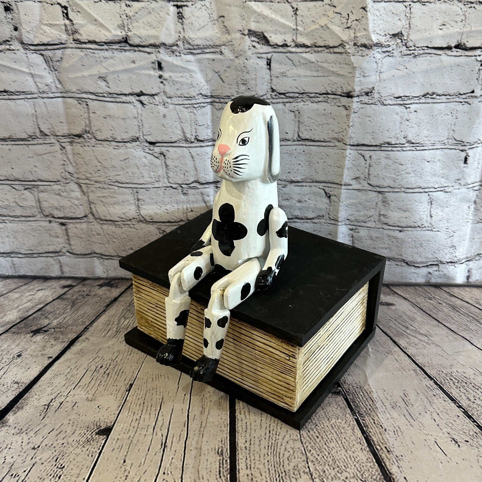 20cm Black White Dog Sitting Animal, Wooden Shelf Ornament Handmade & Fairtrade0