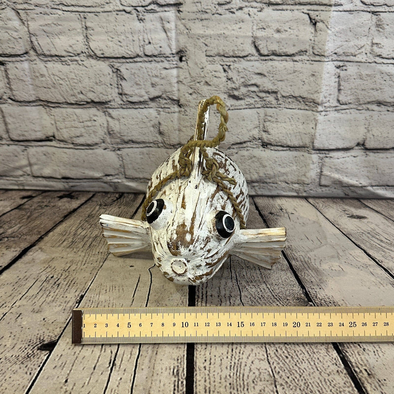 Plain White Folk Art Hand Painted Puffer Fish Coconut Shell Ornaments Hanging7